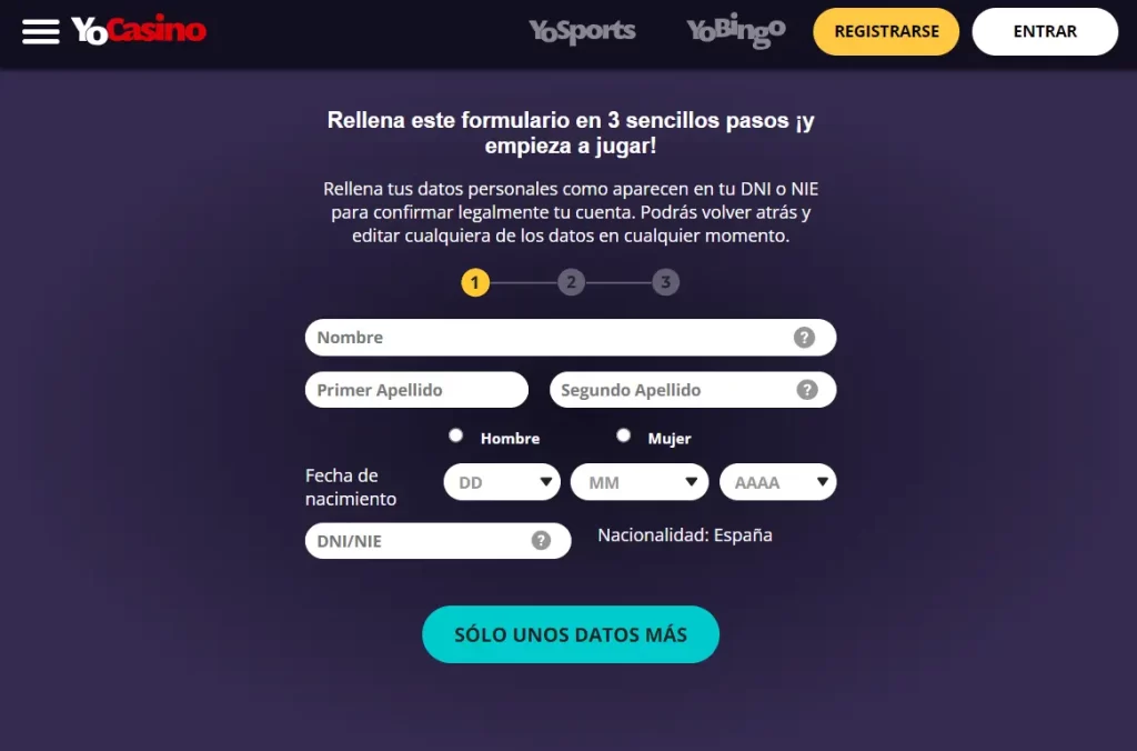 Formulario de información personal para YoCasino acceso